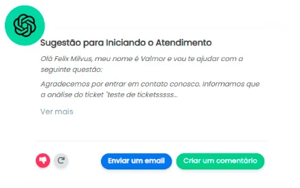 Sugestão automática de resposta gerada pelo ChatGPT para iniciar atendimento no Milvus