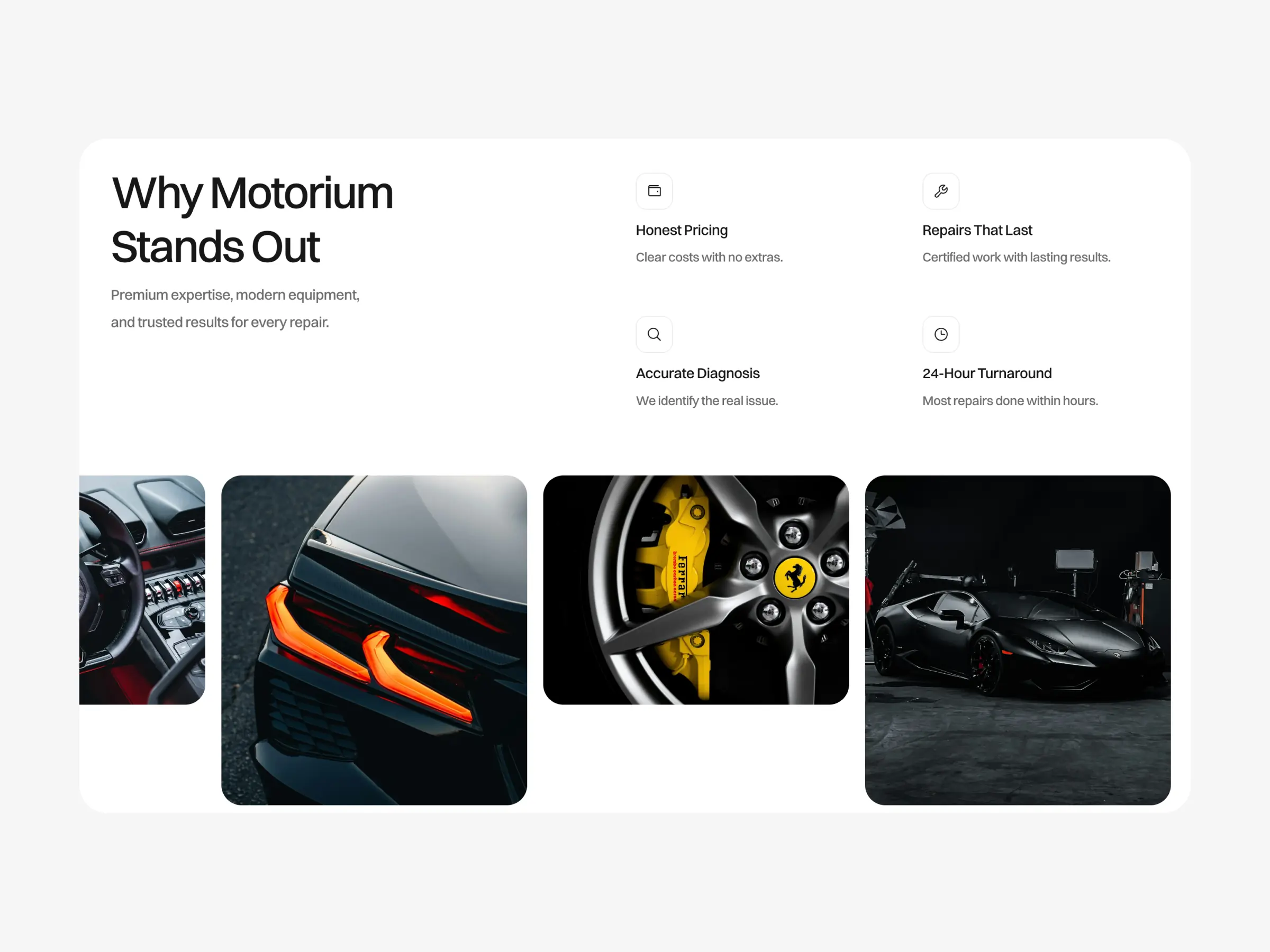 Car repair website template features and service benefits section