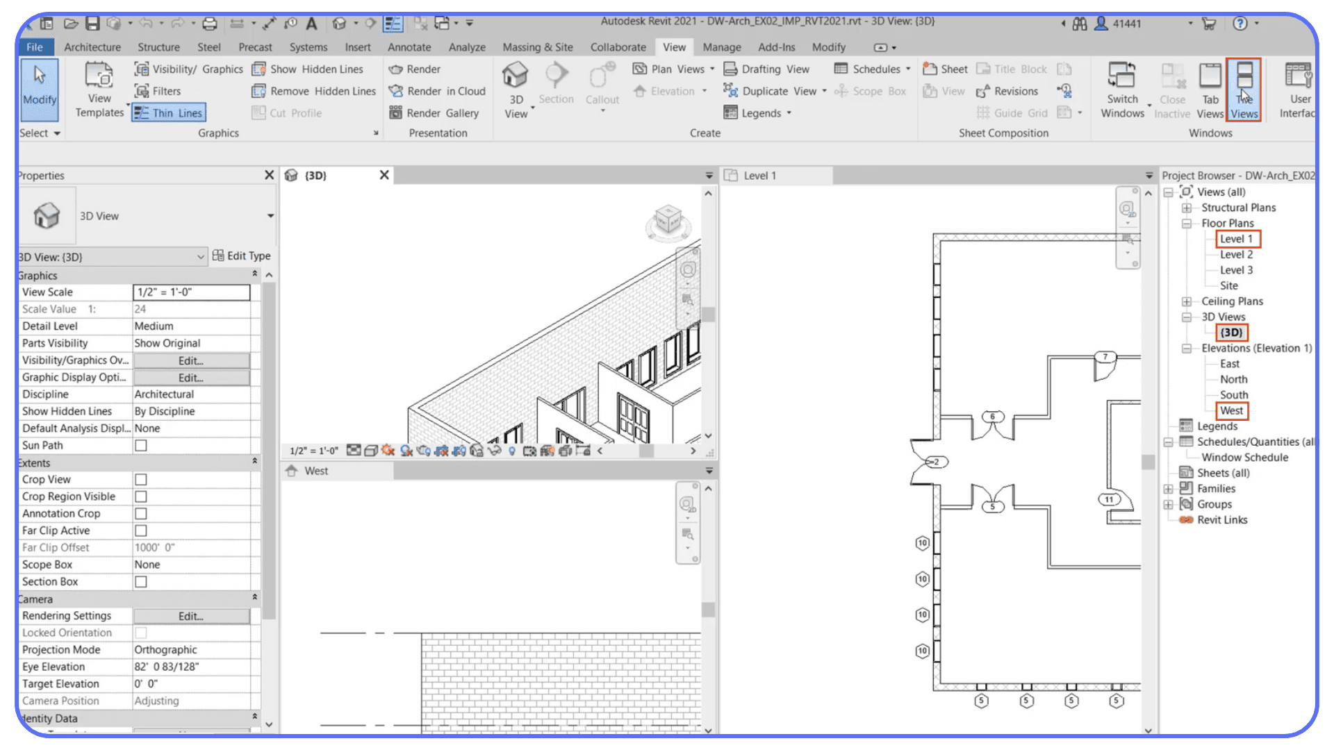 Autodesk Revit workspace with floor plan and 3D view open simultaneously for coordinated editing