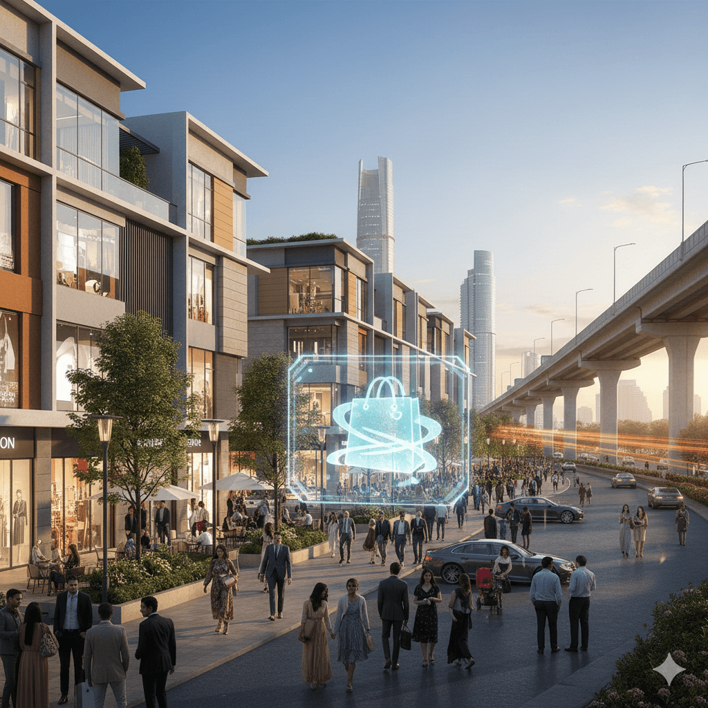 Holographic shopping bag icon above high-street retail shops