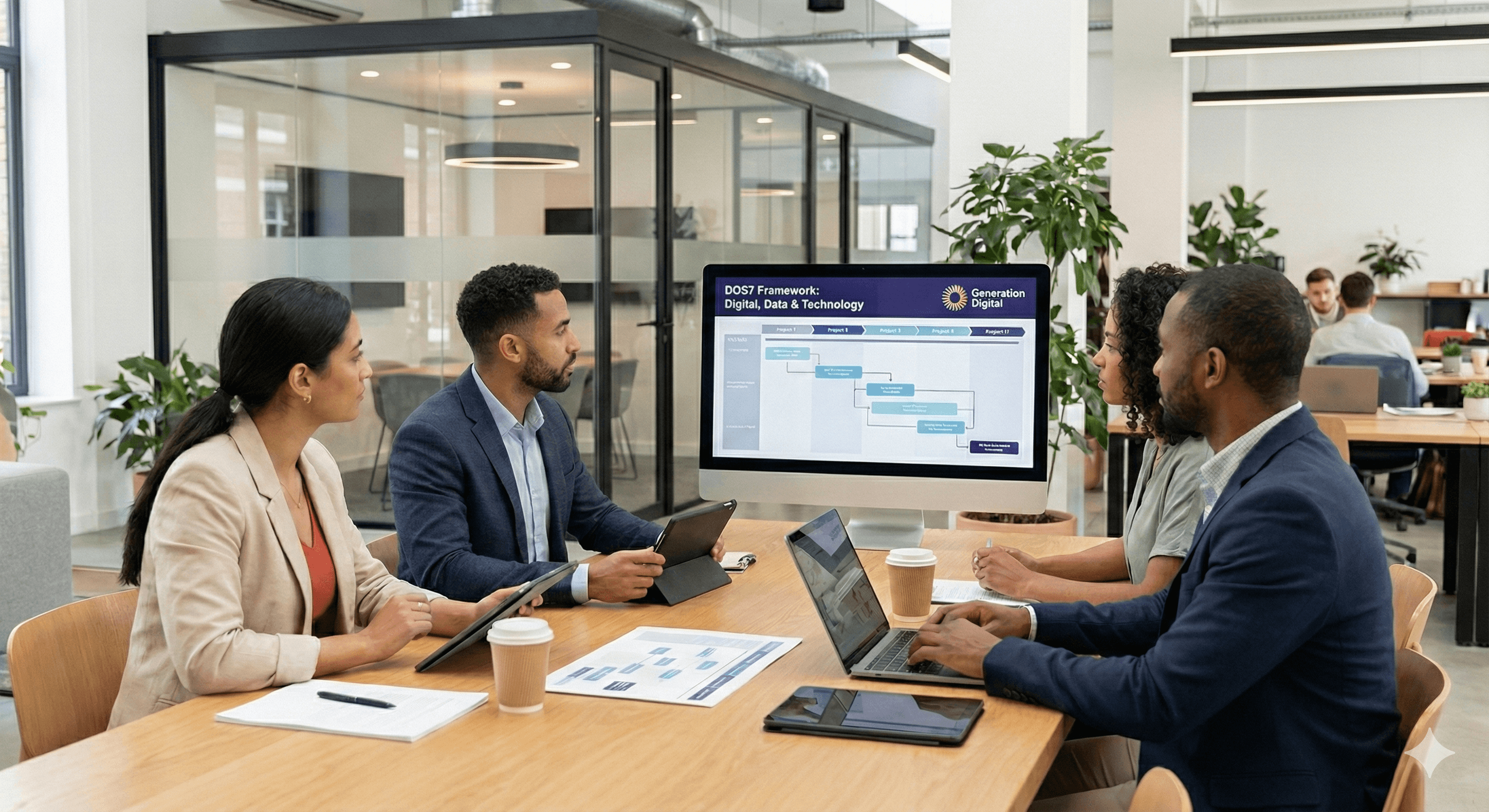 A diverse group of professionals in a modern office collaboratively reviews a presentation on a large screen displaying information on the DOS7 Framework, with laptops and documents on the table, surrounded by greenery and contemporary furniture.
