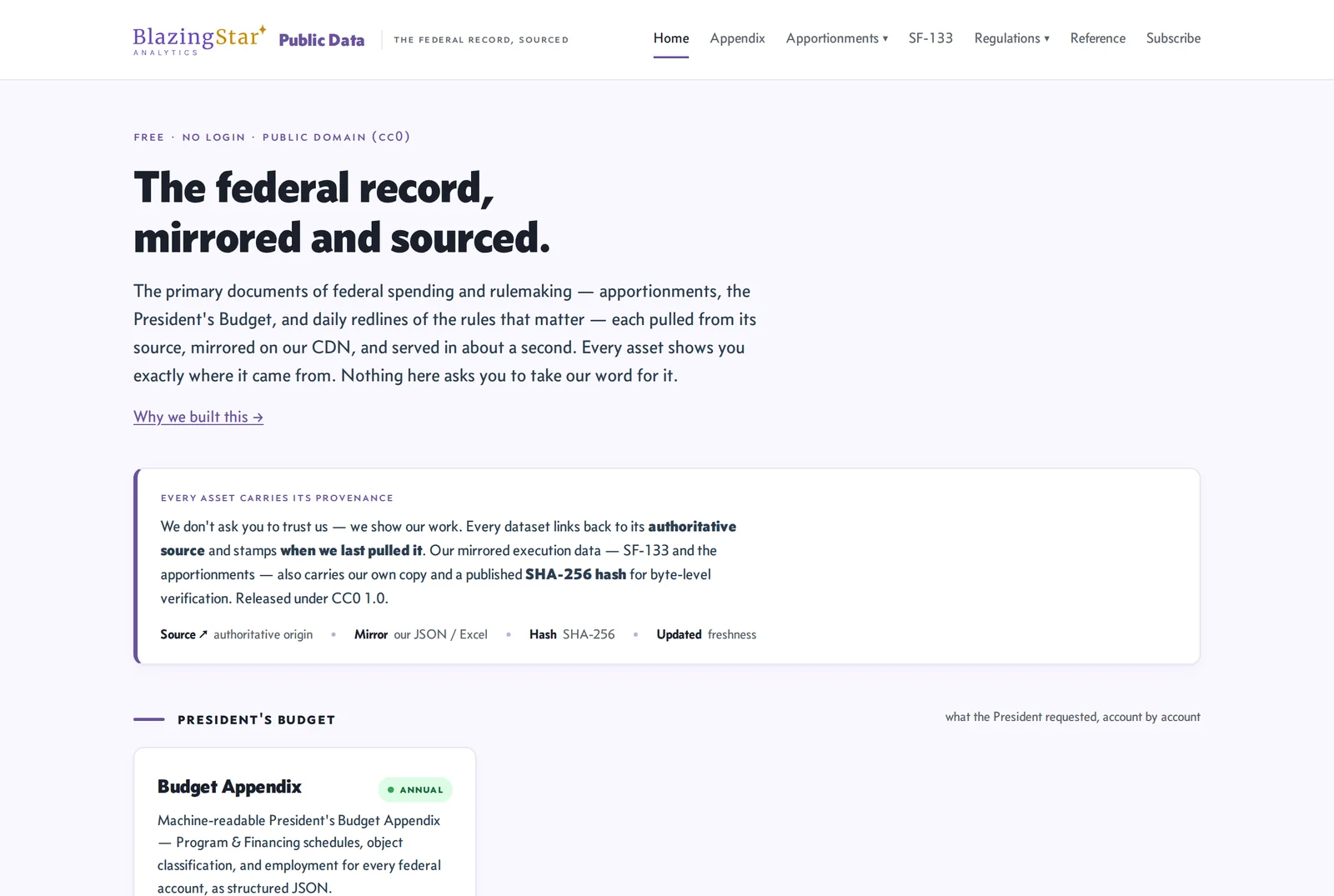 The BlazingStar public data site home page: free, no login, public domain.