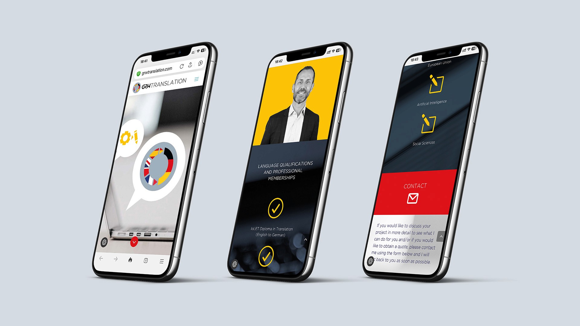 GRW Translation responsive website design shown on iPhone mobile mockup by Huw Mathias graphic designer