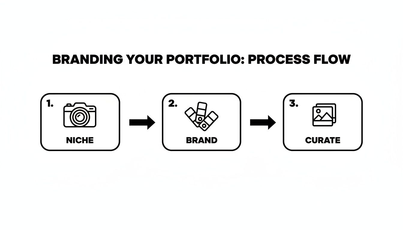 A three-step process flow for branding your portfolio, including Niche, Brand, and Curate.