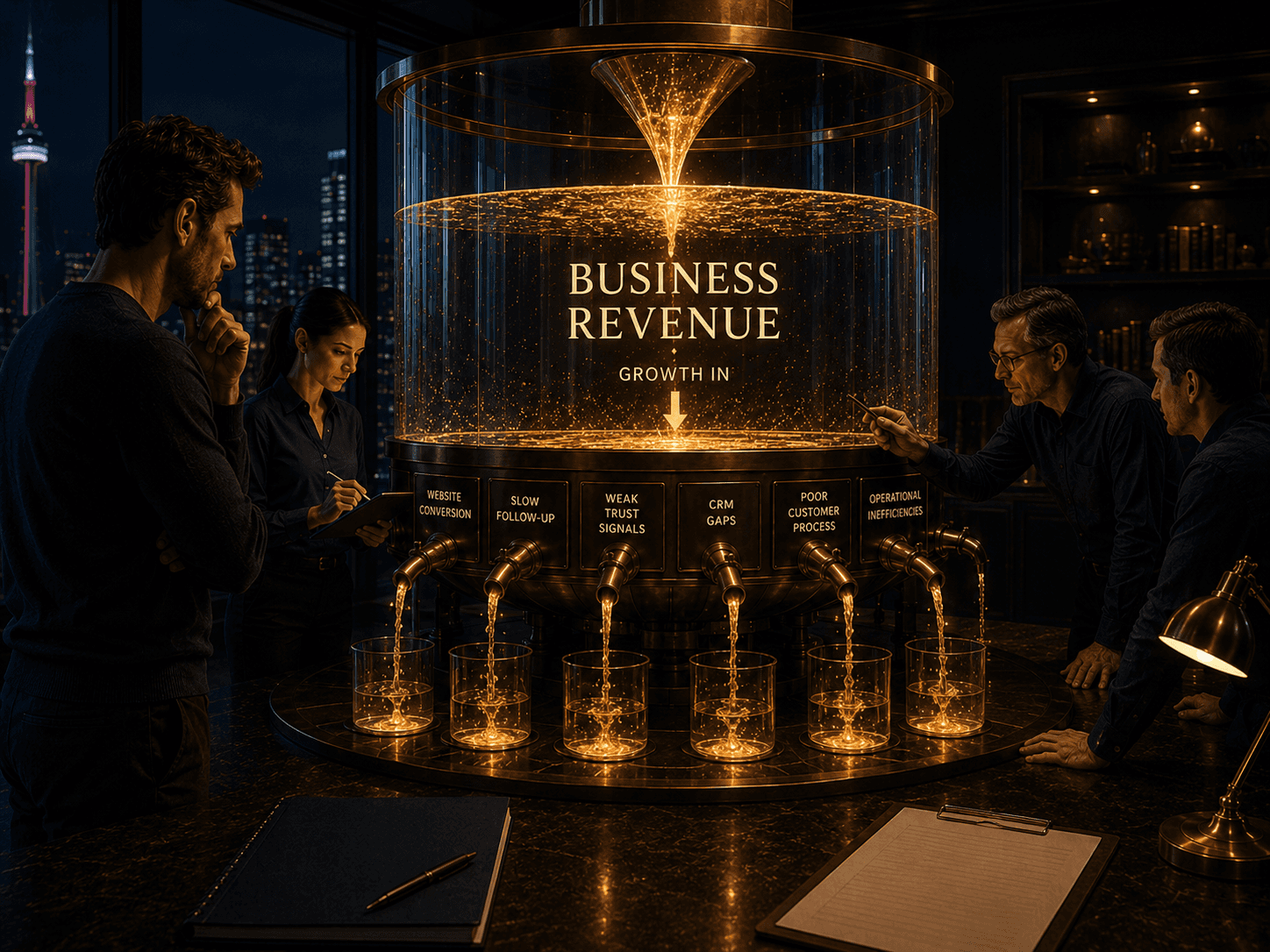 Business leaders gathered around a large illuminated vessel representing company revenue, observing multiple streams of value leaking into separate containers that symbolize conversion issues, follow-up gaps, trust problems, CRM weaknesses, customer process failures, and operational inefficiencies, illustrating how businesses lose revenue through several small leaks rather than a single problem.