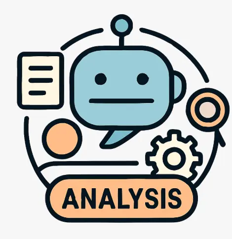 Icône illustrant l’analyse métier avant la création d’un chatbot, avec bulle de discussion, document et loupe en flat design