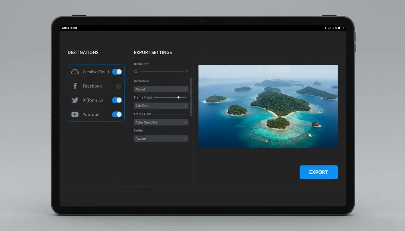 A clean user interface for Adobe Premiere Pro, displayed on a black iPad in horizontal orientation. The app is in Modern Dark Mode, featuring a three-column layout for video exporting. The left sidebar shows a list of destinations with icons and blue toggle switches. The central panel has UI elements for settings with abstracted text lines. The right panel displays a video preview window with an aerial drone shot of lush green tropical islands in turquoise water. A prominent, vibrant blue button is visible at the bottom right.