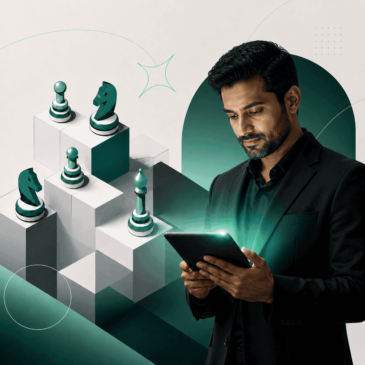 A strategic business owner in a dark suit analyzing data on a glowing tablet, accompanied by a 3D graphic of chess pieces on ascending blocks. This illustration represents Vixilia's approach to client qualification, emphasizing lead quality, high-value business growth, and strategic marketing decisions.