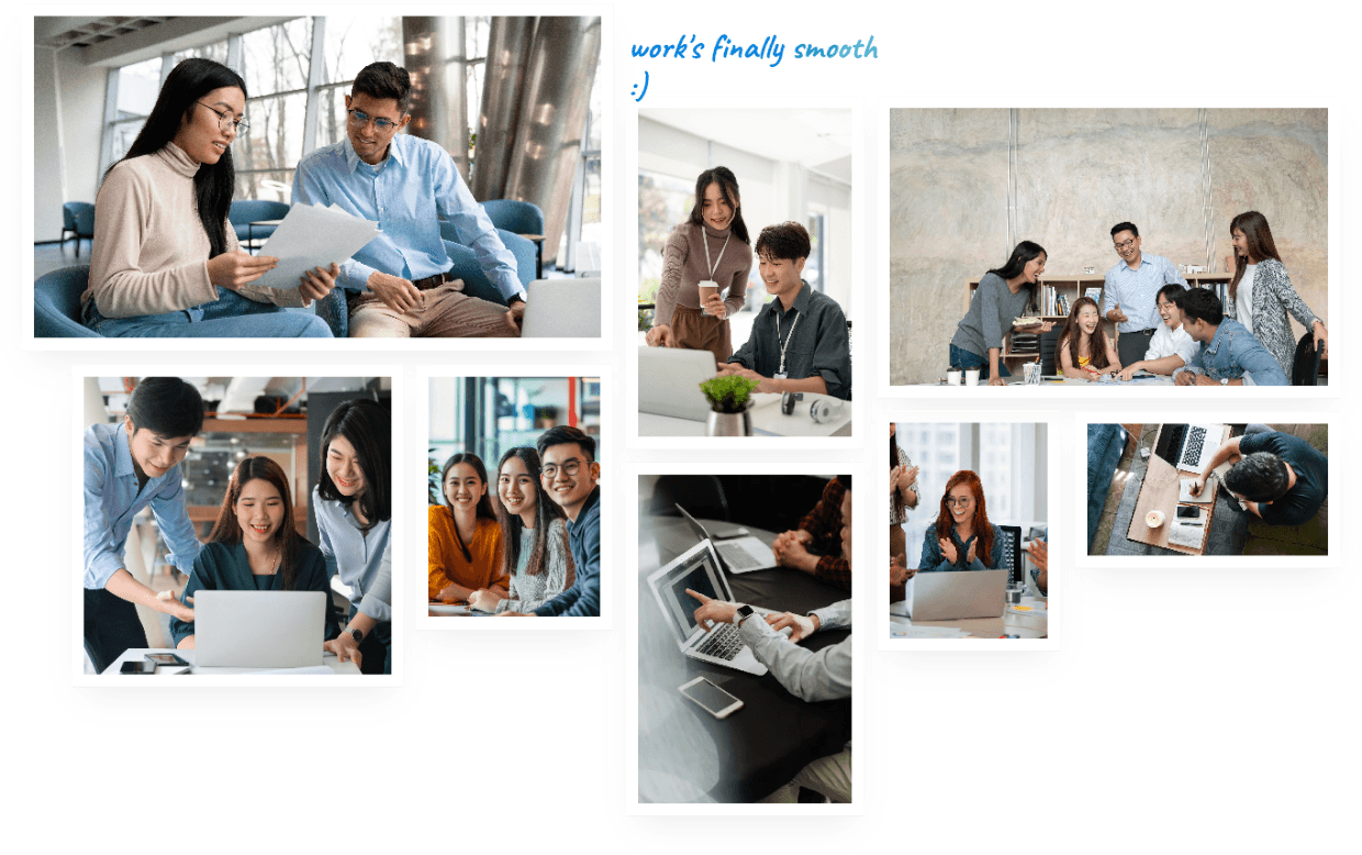 Composite image showing teams collaborating and working in a digital business workspace