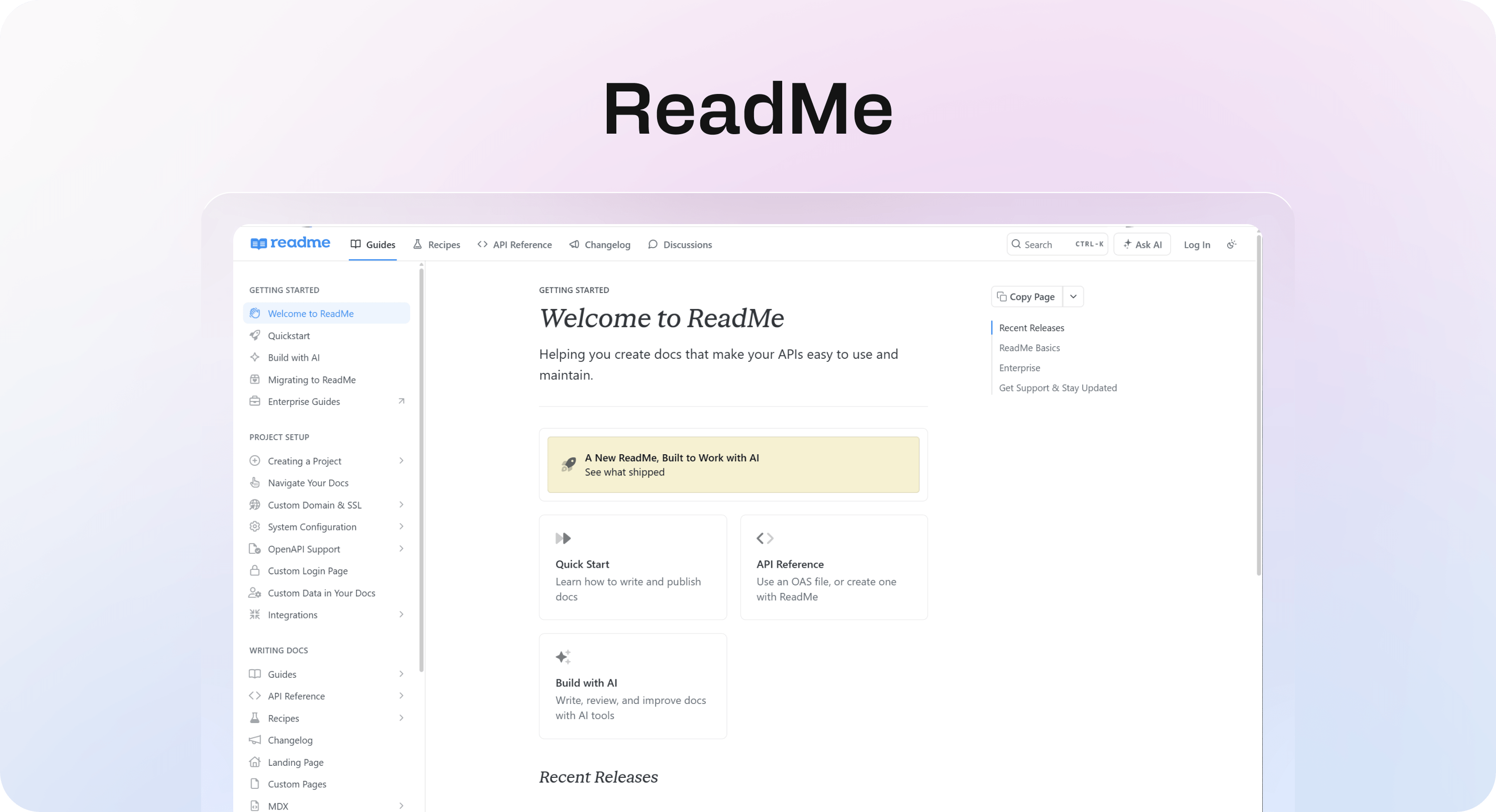 ReadMe documentation homepage showing guide cards, sidebar navigation, search, and API documentation tabs.