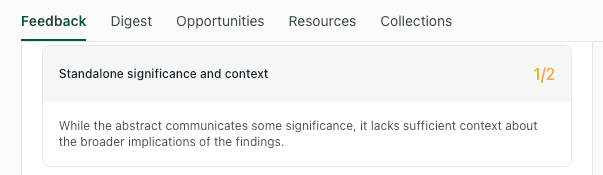 AI feedback highlighting a lack of broader implications in a research abstract draft.