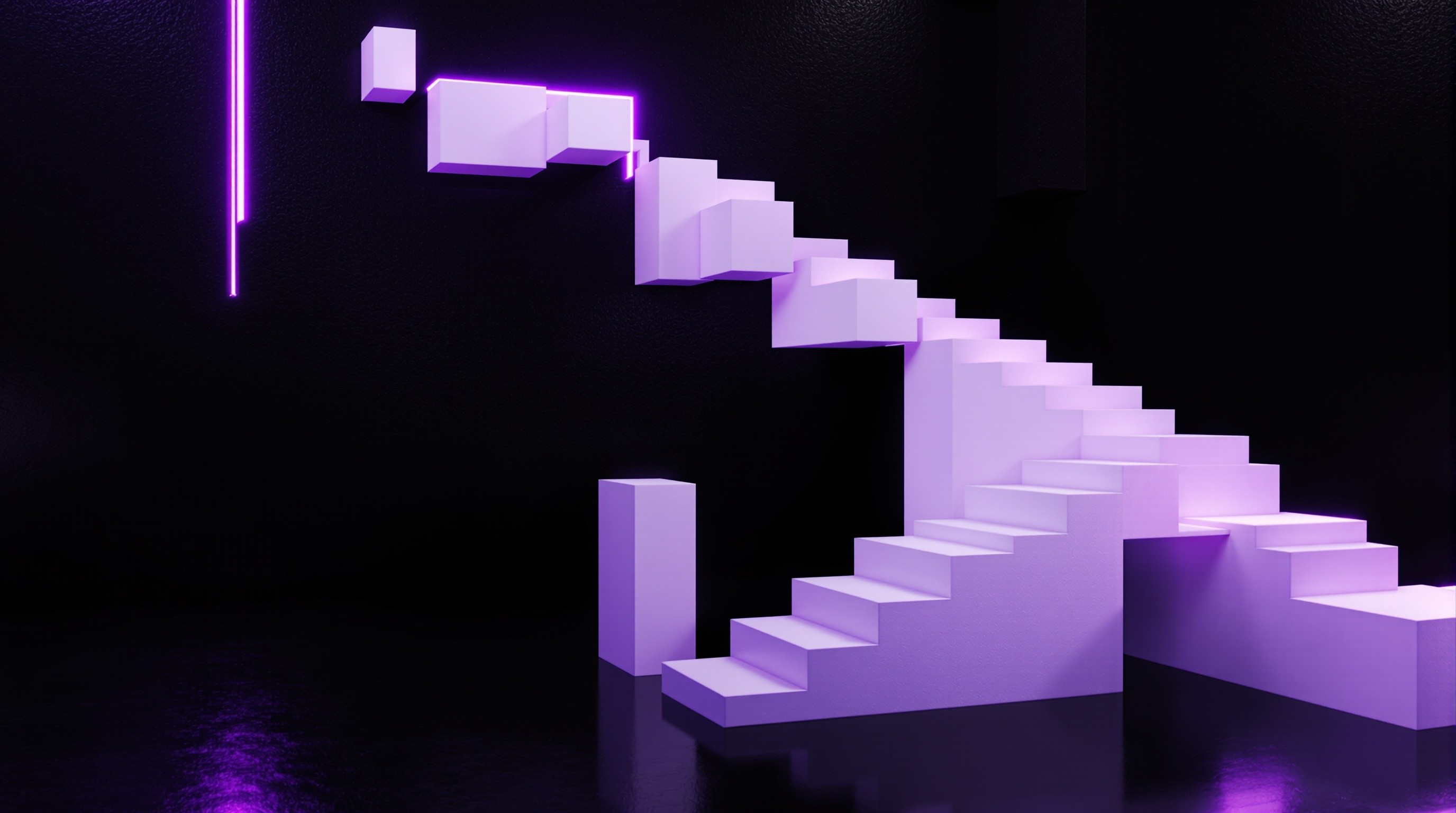 Abstract 3D geometric shapes ascending with purple neon glow on dark background