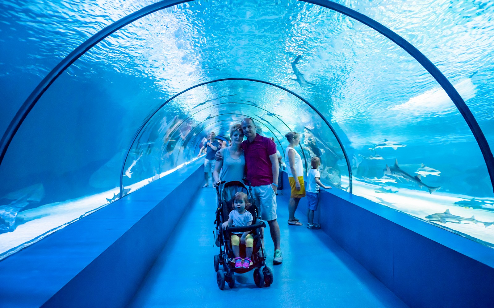 Family exploring Barcelona Aquarium with child in stroller.