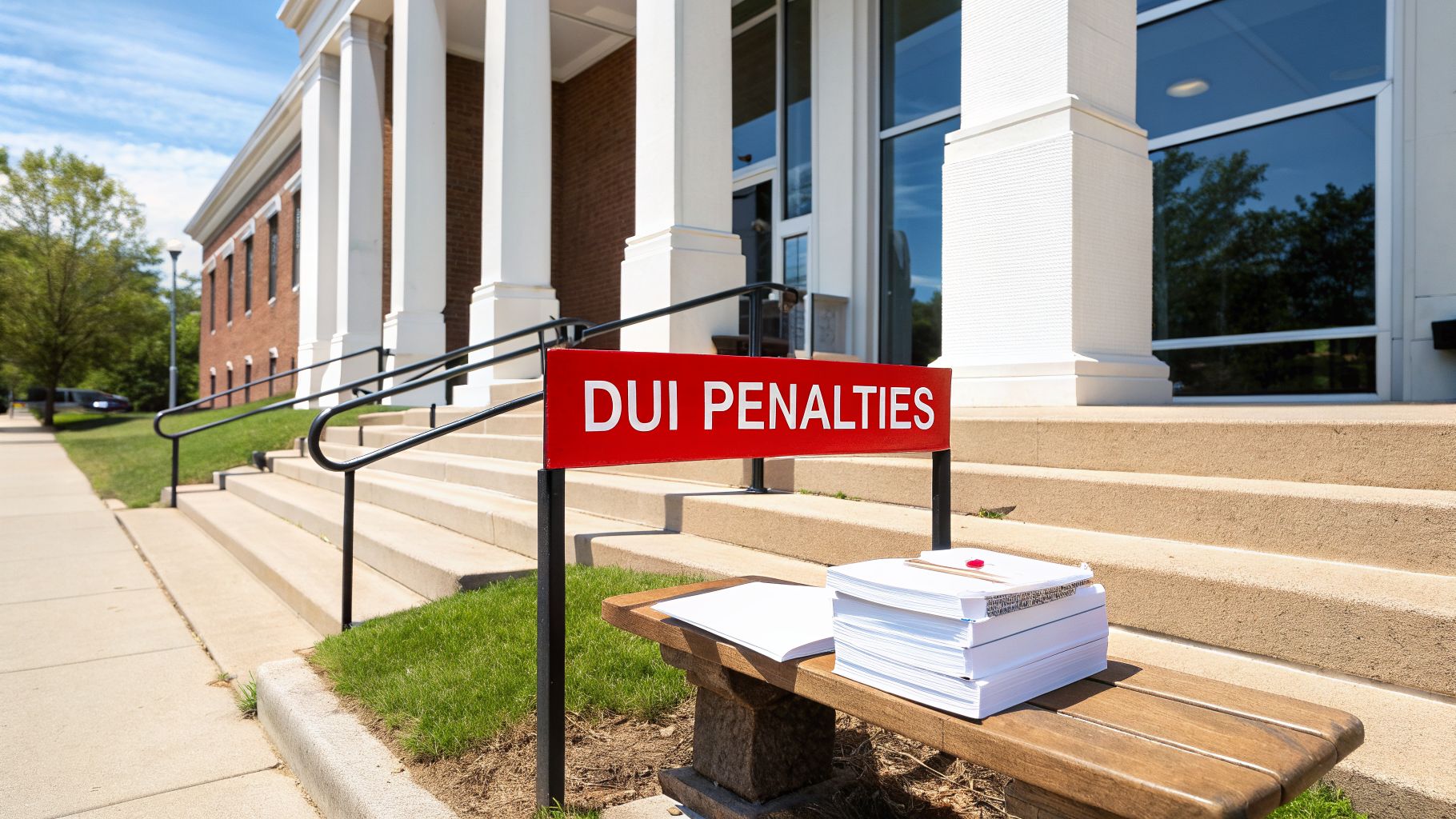 A red sign displaying 'DUI PENALTIES' stands before a building with steps and white pillars, near a bench with papers.