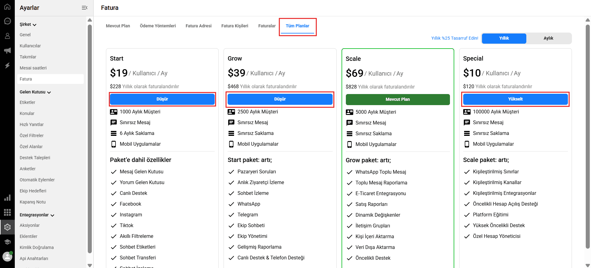 Viewing all Qpien plans to upgrade or downgrade in billing settings