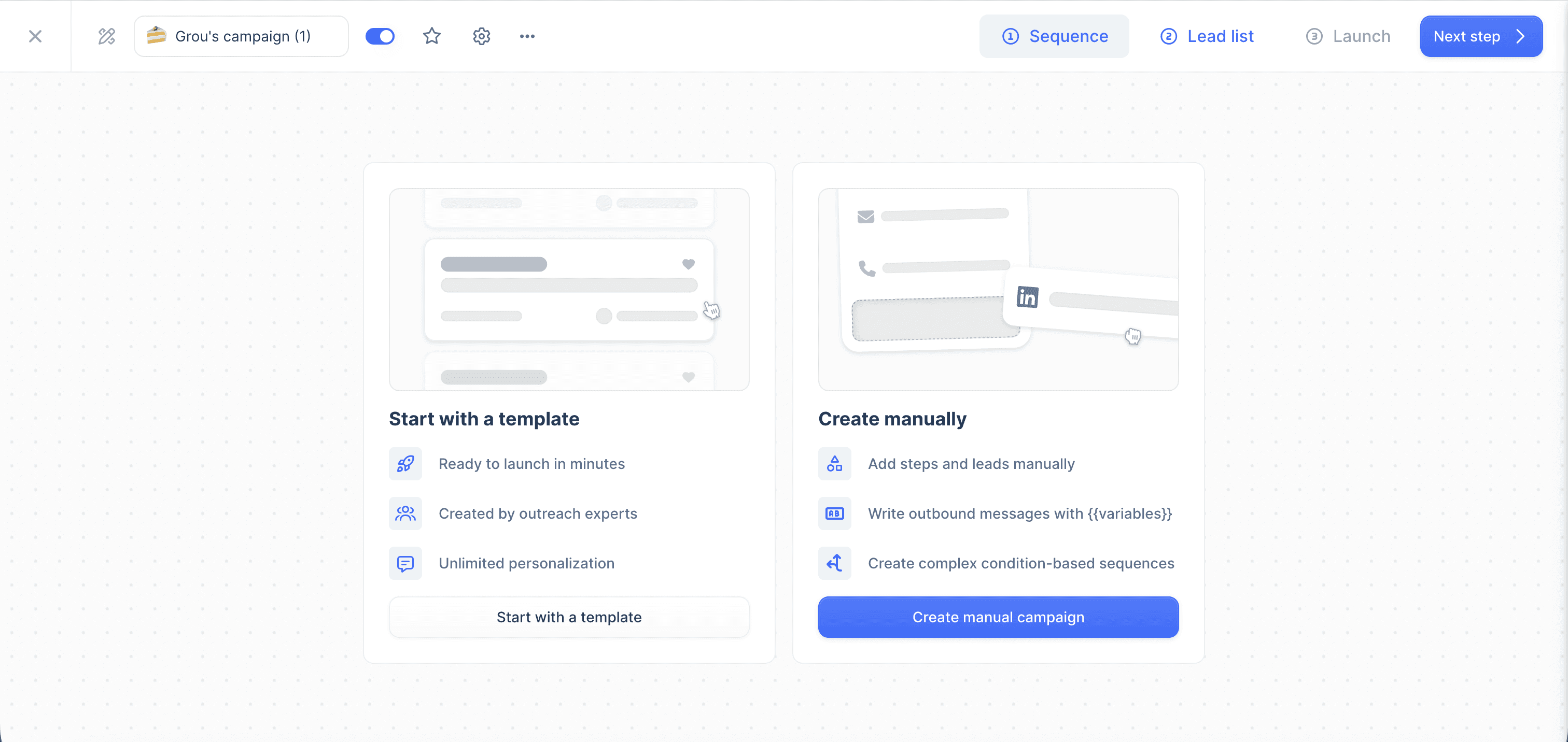 Lemlist campaign builder with multi-step sequence combining email and LinkedIn touches in one flow.