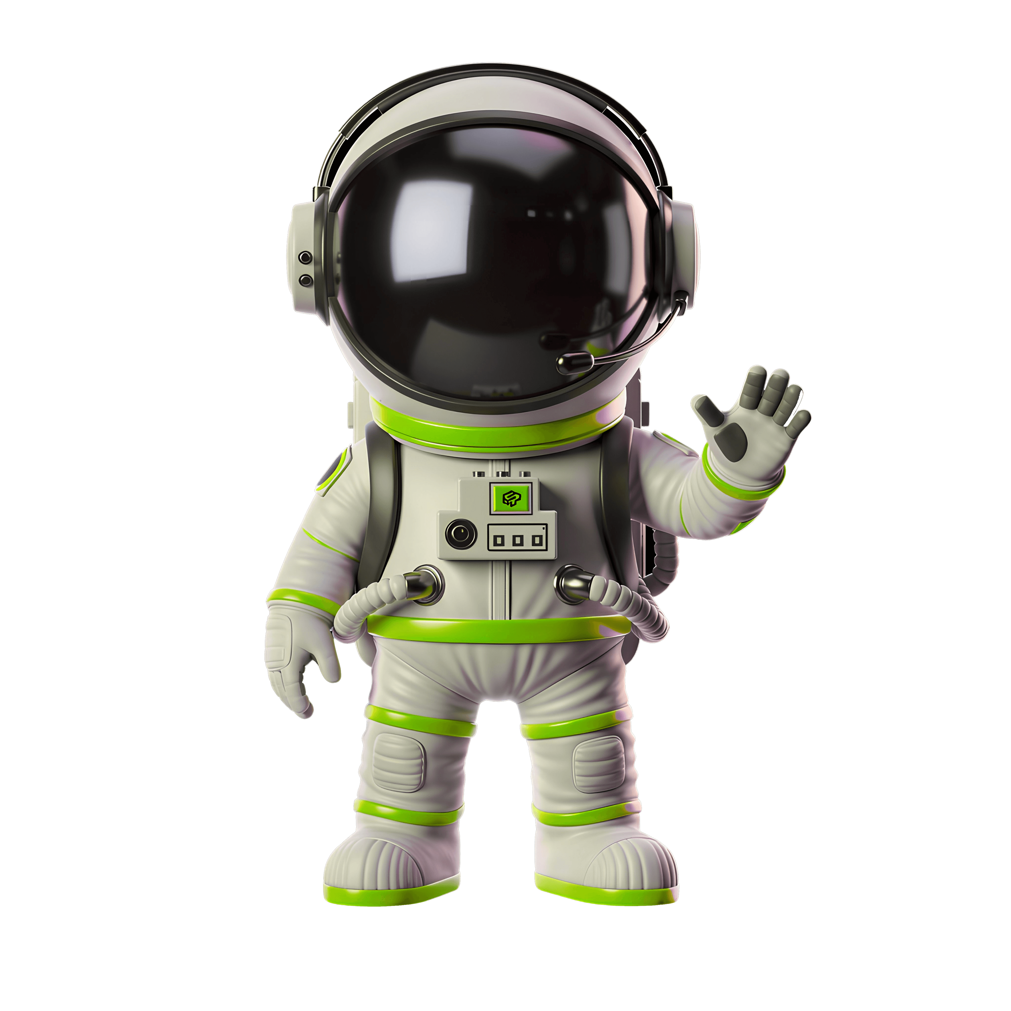 A cute 3D plush character in bright blue with a simple face and rounded limbs, standing on a white background.