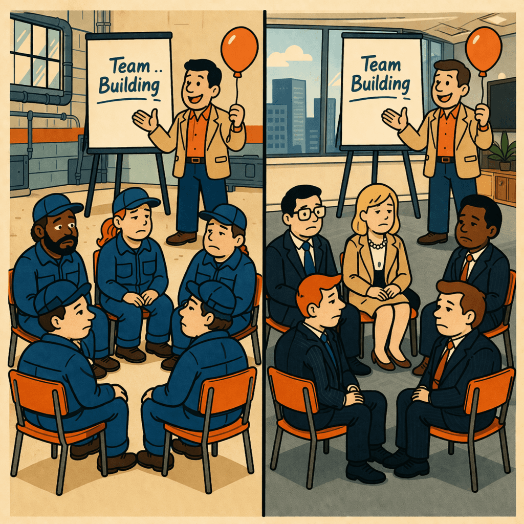 2 équipes d'entreprises différentes se retrouvent à faire exactement le même team building pas du tout personnalisé, elles sont déçues