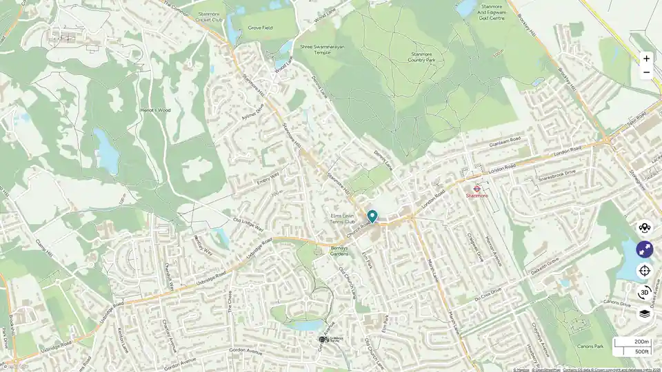 Map of Stanmore, UK, with parks and roads.