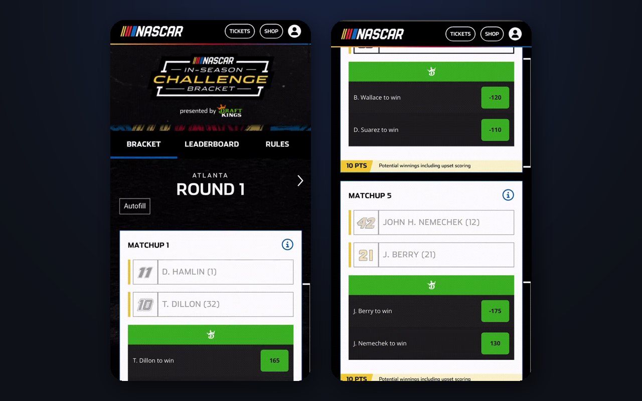 NASCAR In-Season Challenge bracket on two phones