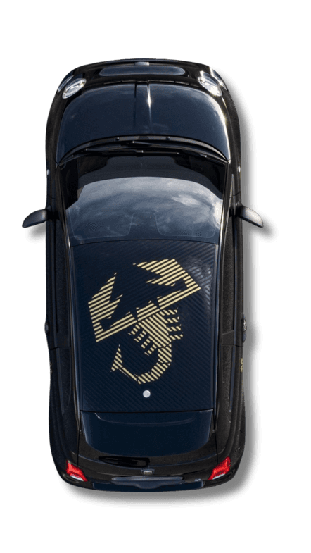 Top-down view of an Abarth with scorpion roof graphic
