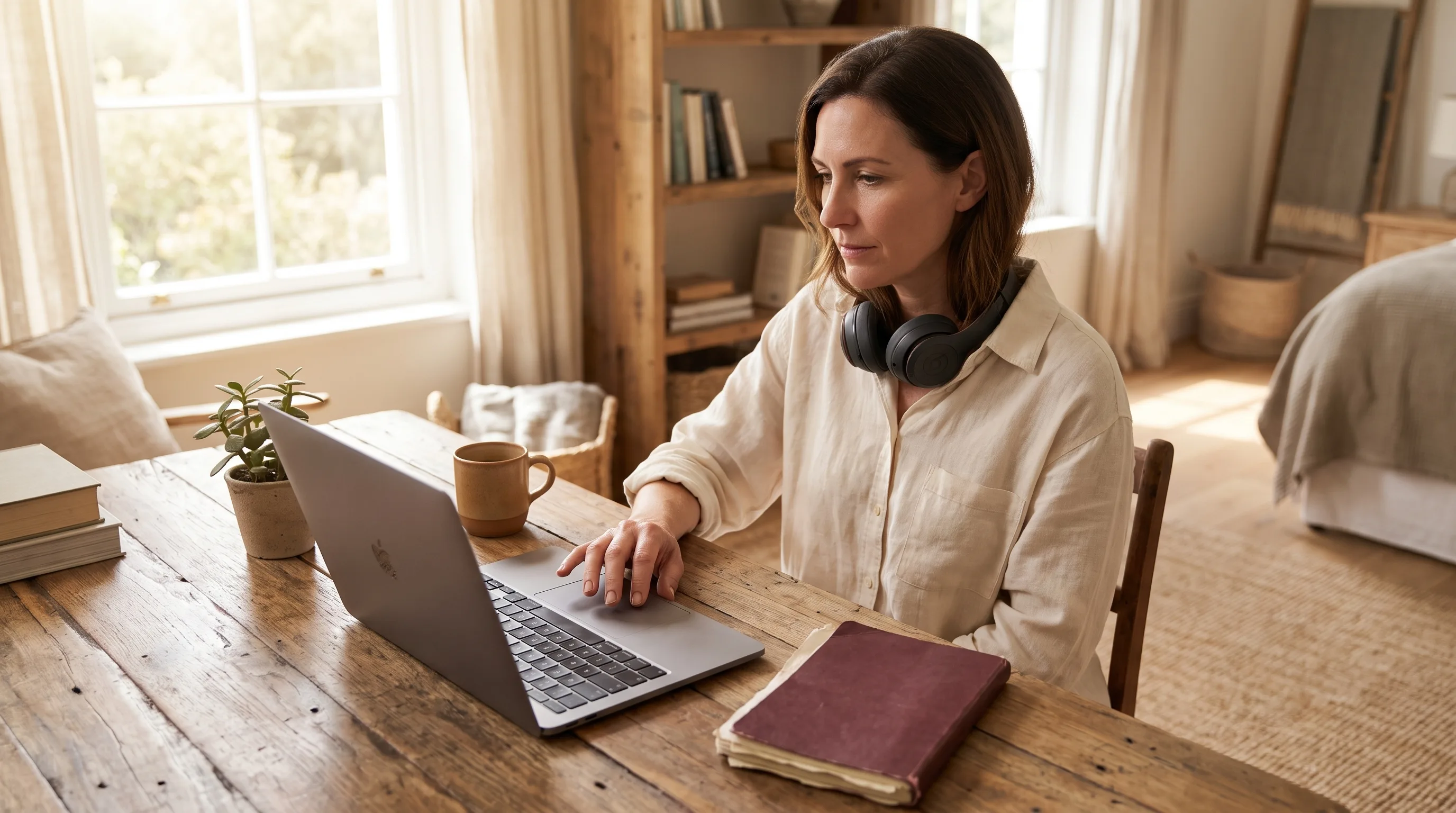 A consultant at a Mac transcribing an MP4 recording in a sunlit home office