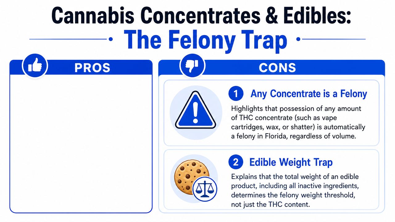An infographic titled Cannabis Concentrates and Edibles: The Felony Trap, explaining legal consequences in Florida.