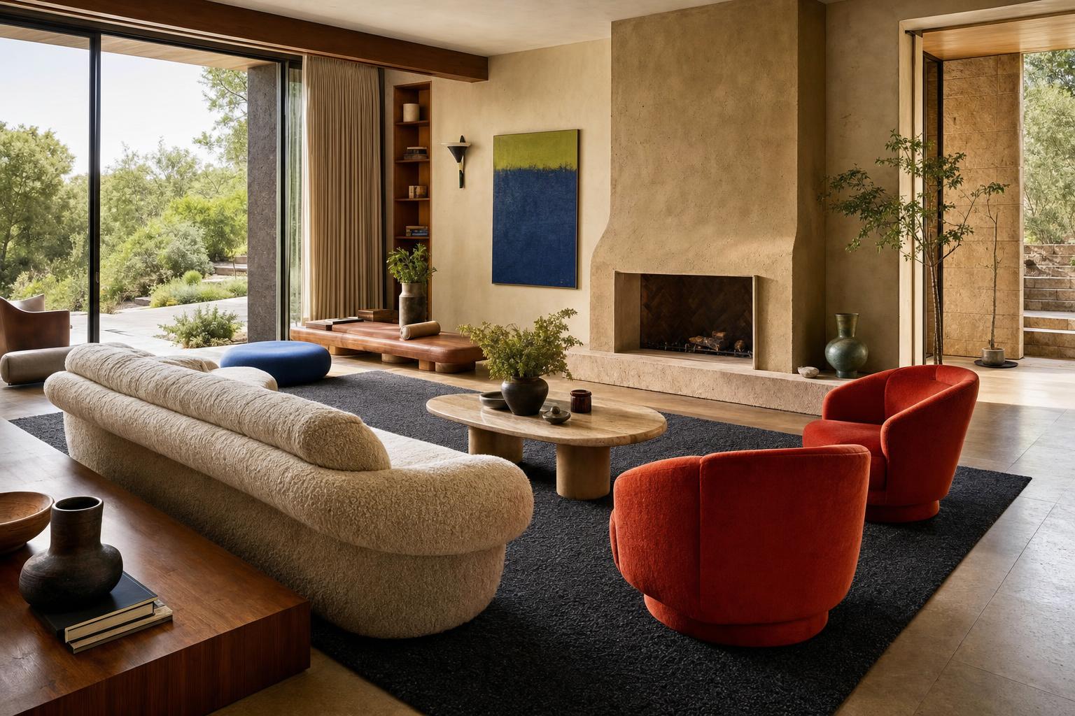 Modern luxury living room with sculptural cream sofa, red accent chairs, stone fireplace, large glass doors, and indoor-outdoor desert views.