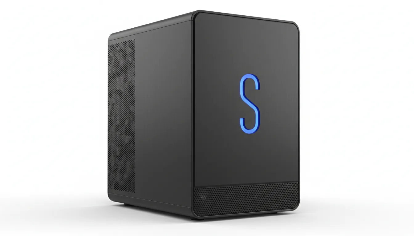 DSLR product shot of a Sonnet eGPU Breakaway Box, three-quarter angle view. The device features a minimalist matte black brushed aluminum chassis with soft, rounded corners. A prominent perforated mesh ventilation panel is visible on the side, with a similar grill at the bottom of the front face. A glowing vertical blue S-shaped LED light illuminates the front panel. Soft studio lighting provides even illumination and soft highlights, showcasing the texture. The entire object is in sharp focus, isolated on a seamless, pure white background.
