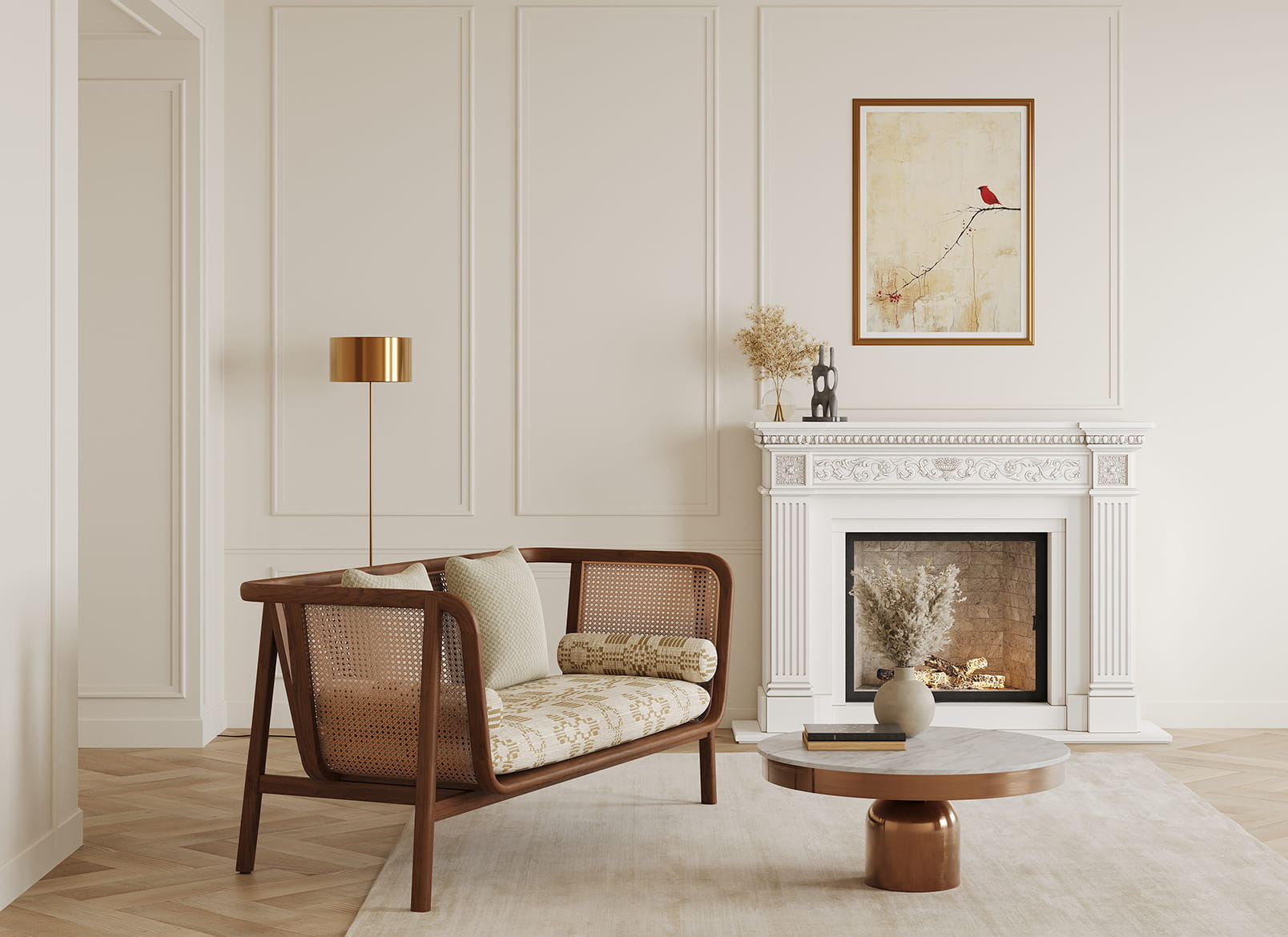 Modern living room interior with wooden armchair and fireplace in neutral tones