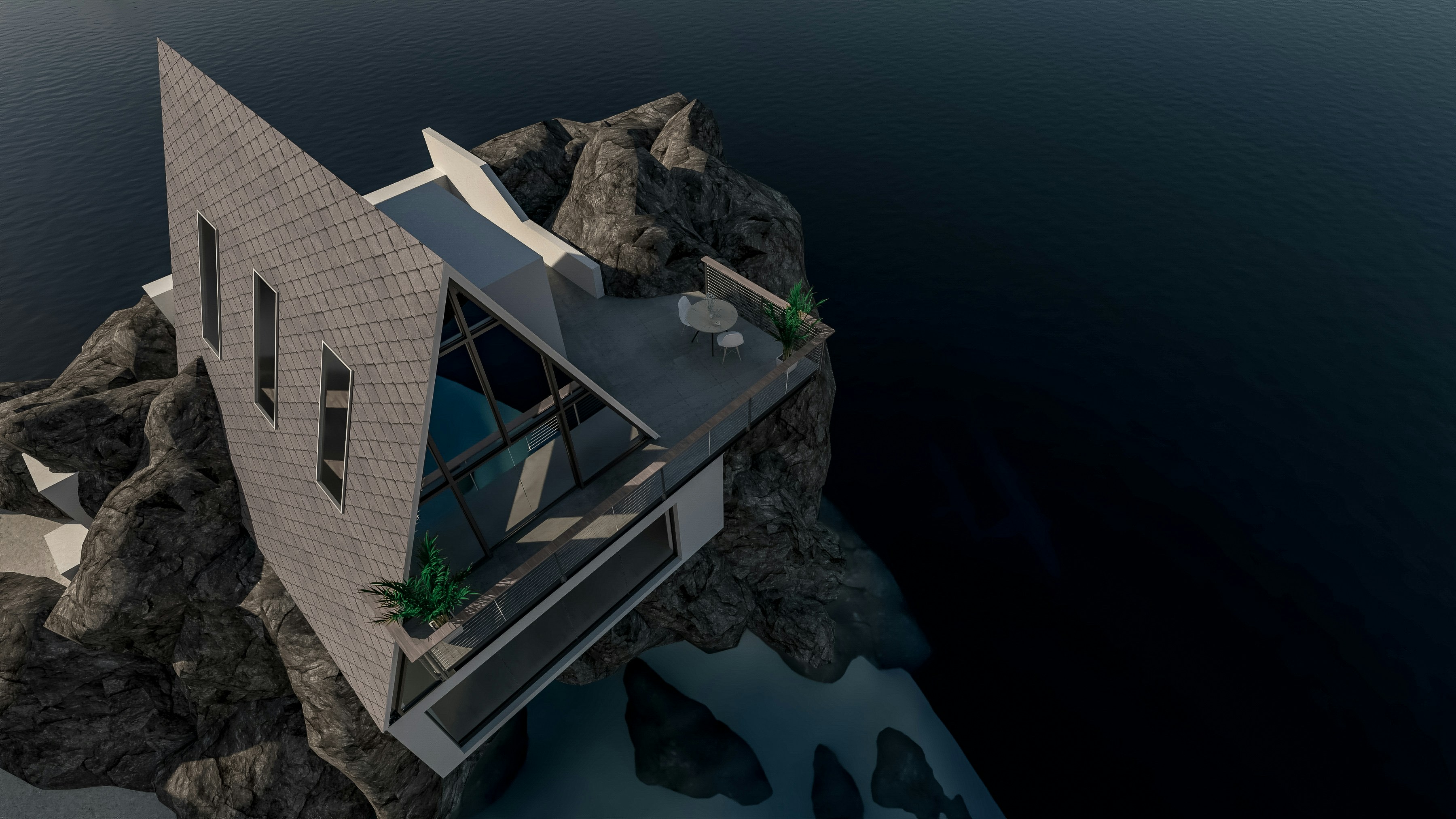 Aerial architectural render of a modern cliffside house built on rocks beside dark ocean water.