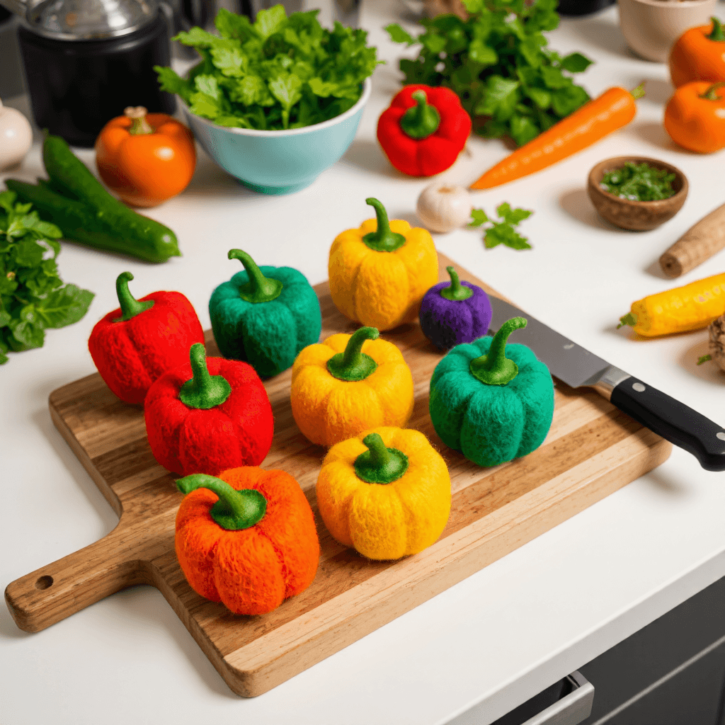 product photography of a set of felt bell pepper shapes