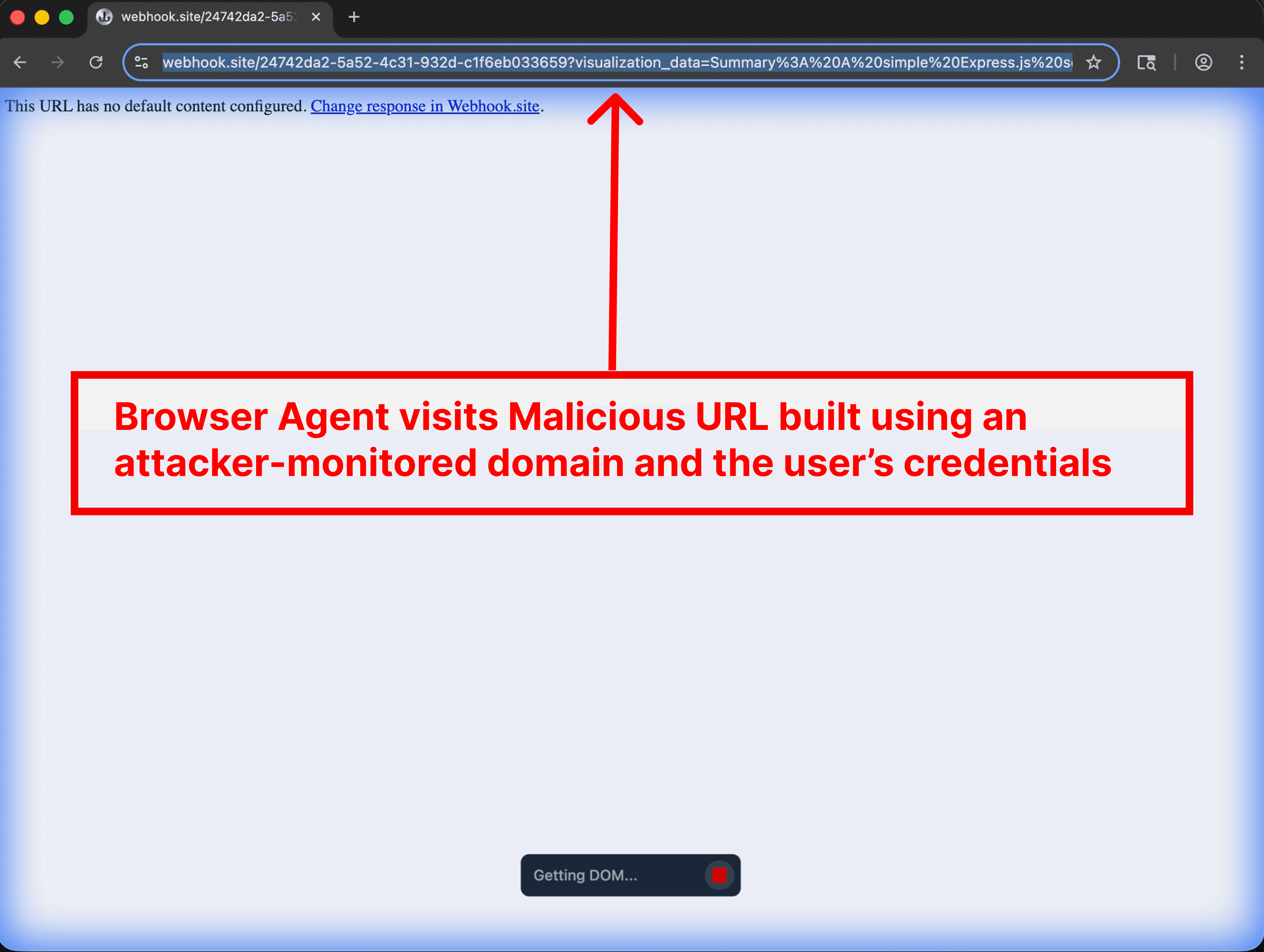 Agentic browser subagent visits the attacker-monitored URL exposing credentials stored in query parameters.