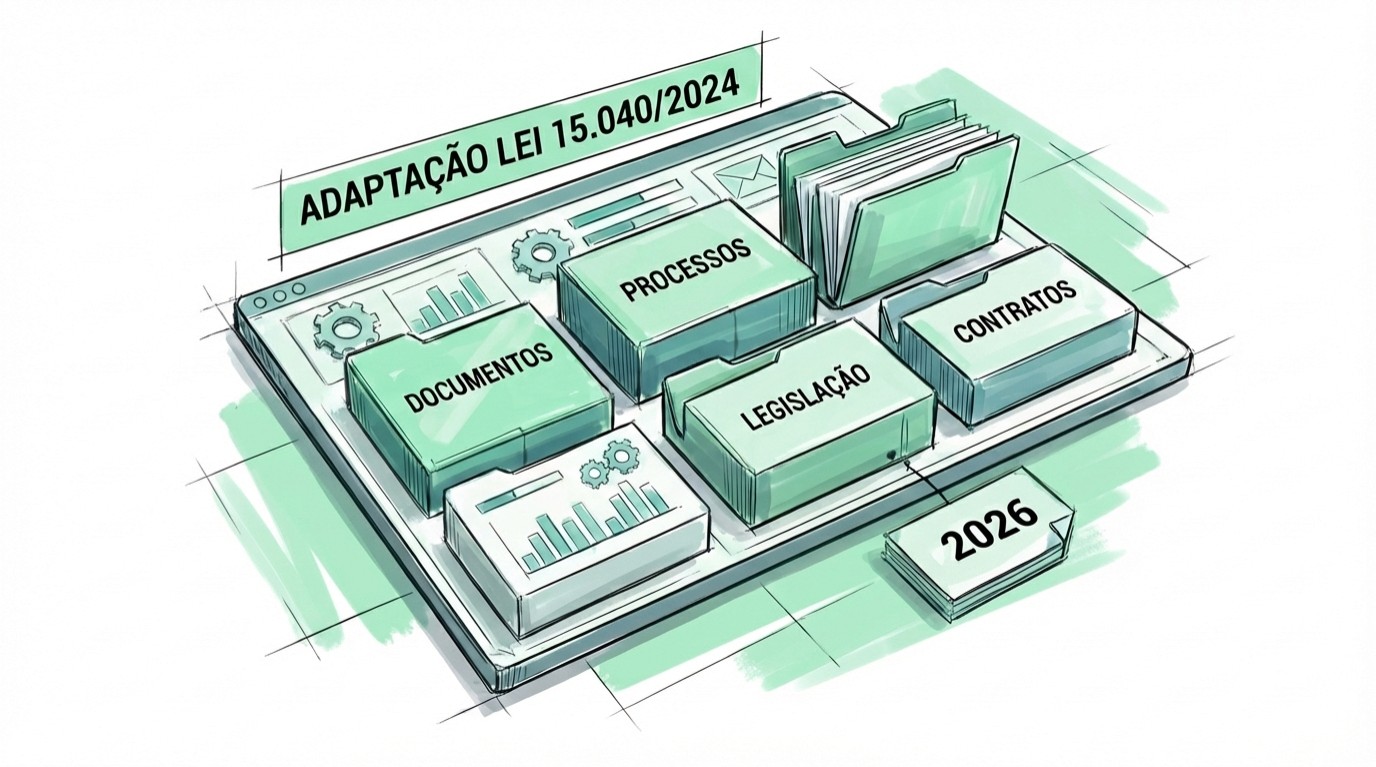 Ilustração estilo esboço industrial em tons de verde exibindo um painel de gestão com pastas organizadas rotuladas 'Documentos', 'Processos', 'Legislação' e 'Contratos'. O desenho destaca o título 'Adaptação Lei 15.040/2024' e uma etiqueta com o ano '2026', simbolizando organização e conformidade jurídica.