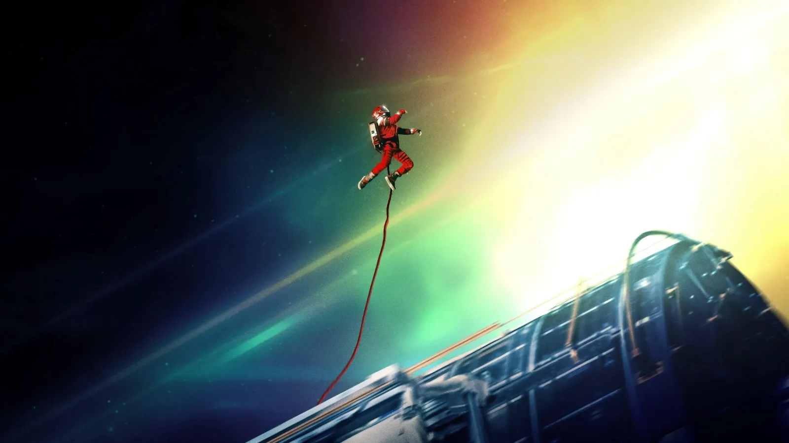 An astronaut in a red spacesuit floats in a dramatic space scene, tethered to a spacecraft with a radiant, colourful nebula in the background.