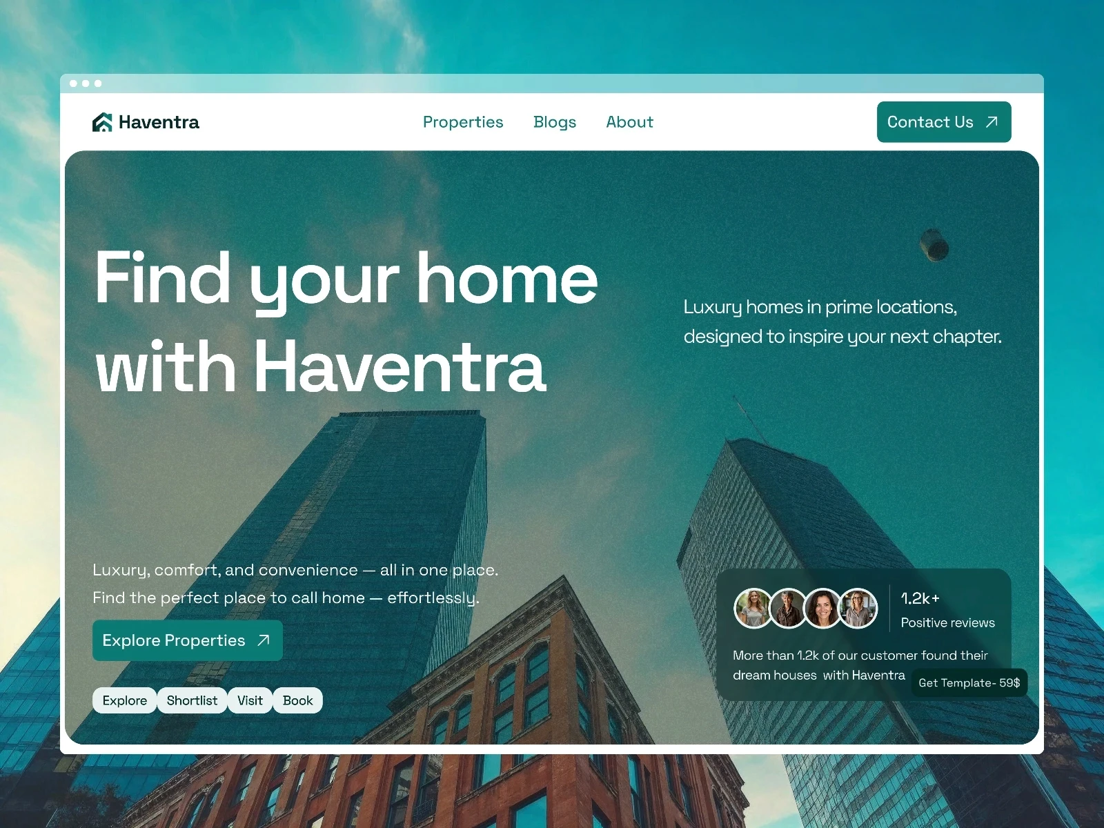Haventra modern real estate template hero section with skyscraper background, review stats, and explore properties CTA button.