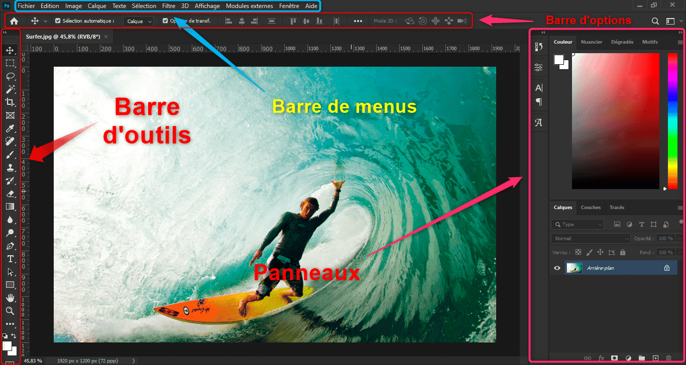 Interface de Photoshop avec barres et panneaux - Capture de l'interface de Photoshop illustrant les barres de menus, d'outils et options, avec une image de surf ouverte dans le logiciel.