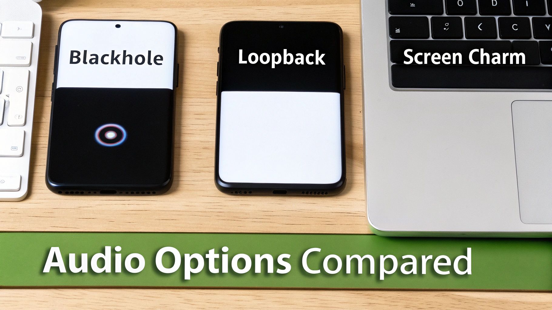 A comparison of audio recording options: Blackhole and Loopback on smartphones, Screen Charm on a laptop.