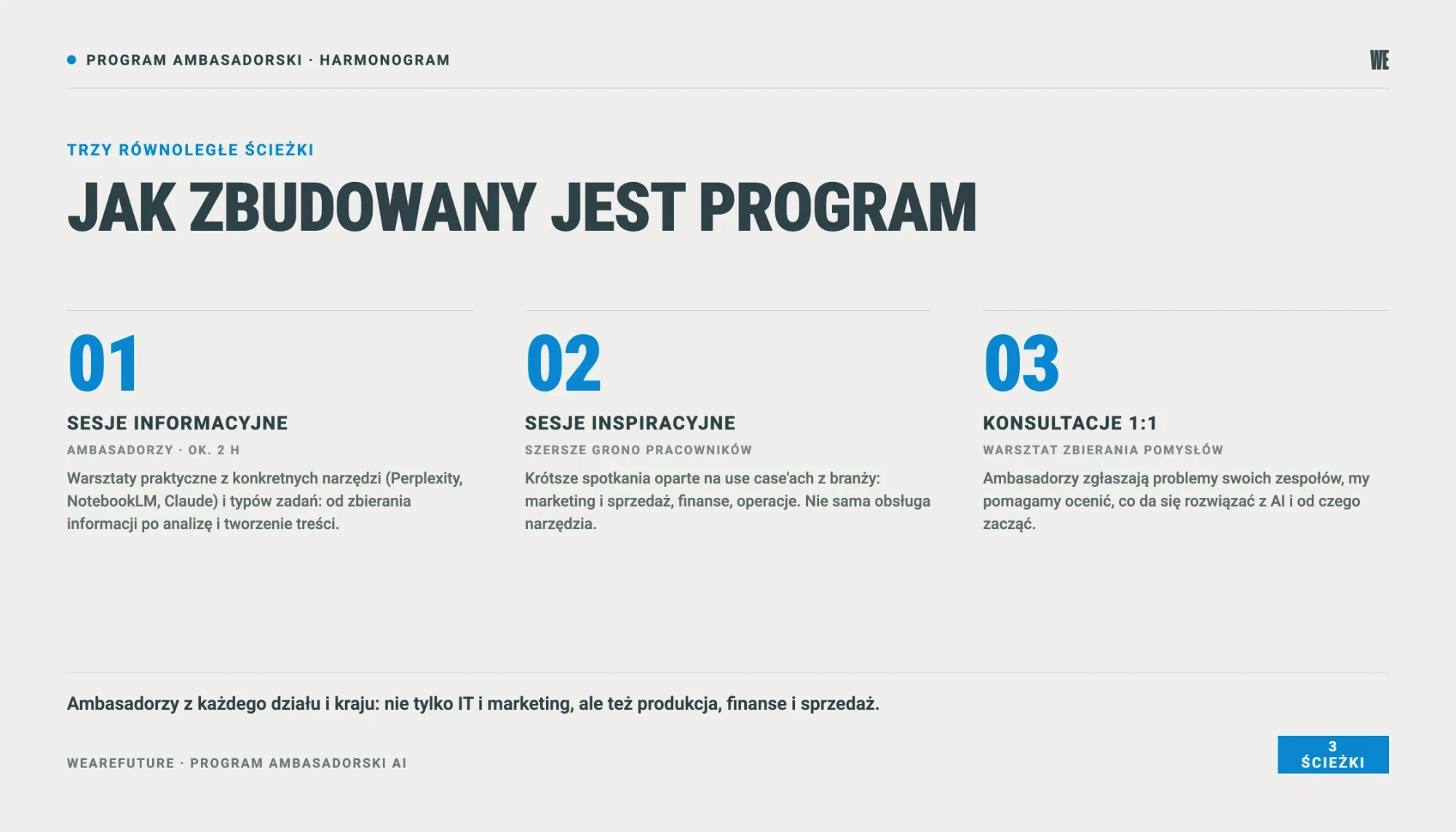 Trzy ścieżki programu ambasadorskiego AI: sesje informacyjne, sesje inspiracyjne i konsultacje 1:1