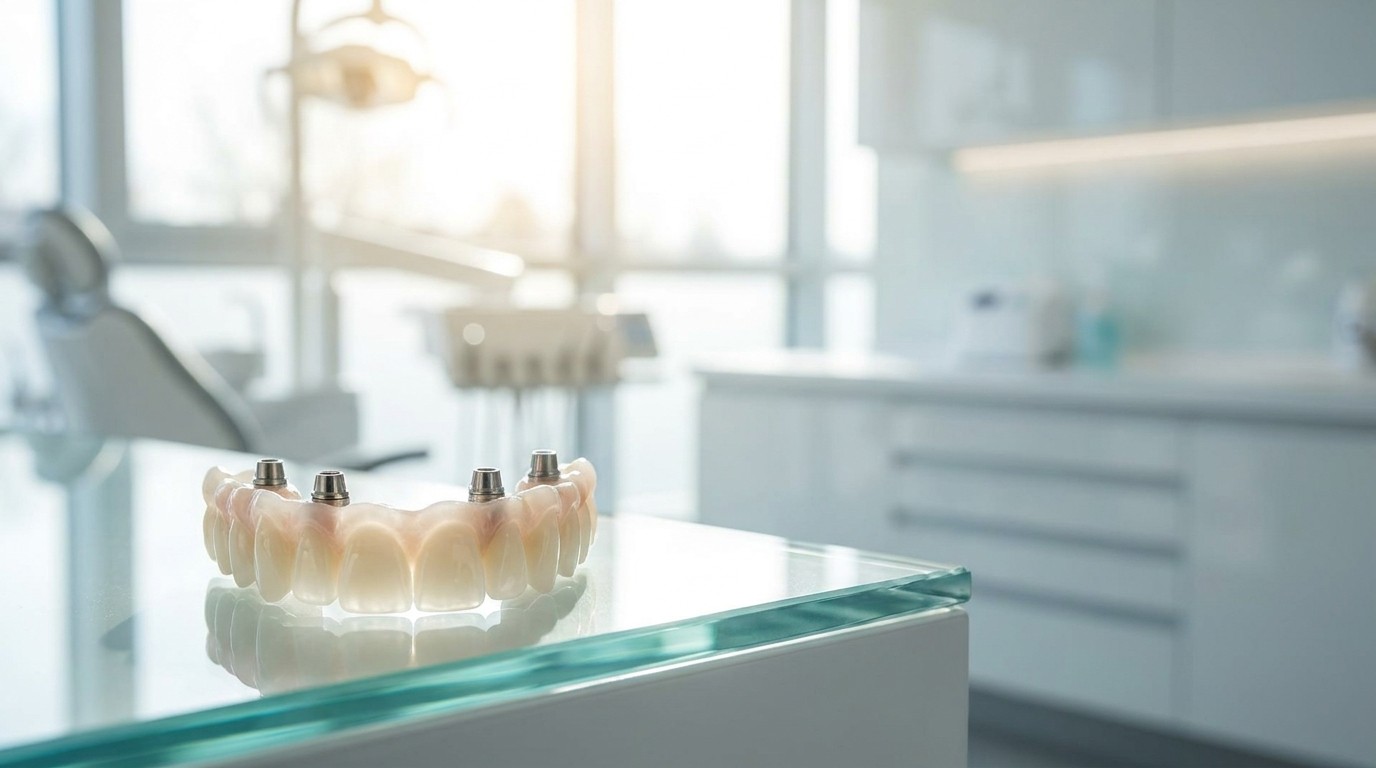 A full-arch implant bridge supported by four implants, used to replace a complete row of teeth.