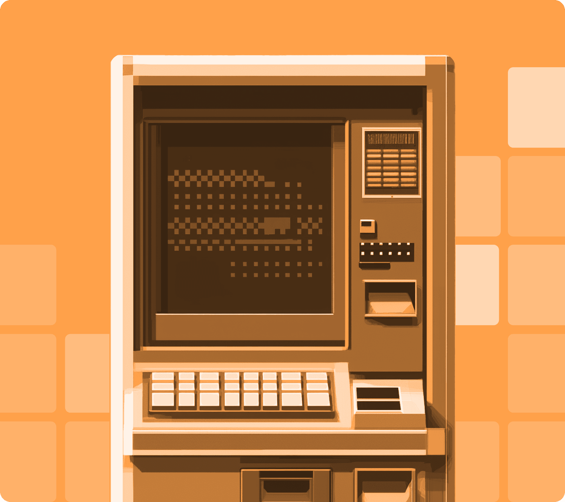 a retro-style kiosk terminal set against an orange background. The terminal features a classic monitor displaying pixelated graphics and a keyboard in a minimalist design.