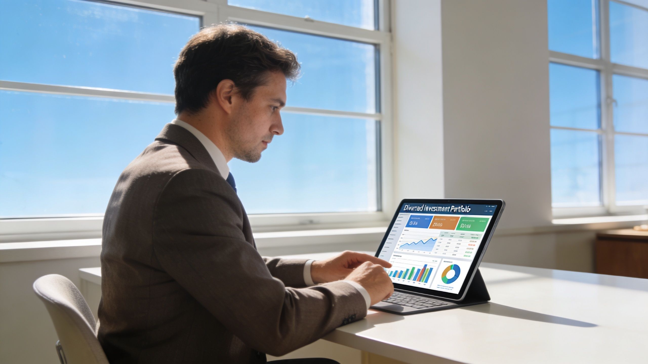 A professional man in a business suit reviewing investment portfolio charts on a tablet in an office.