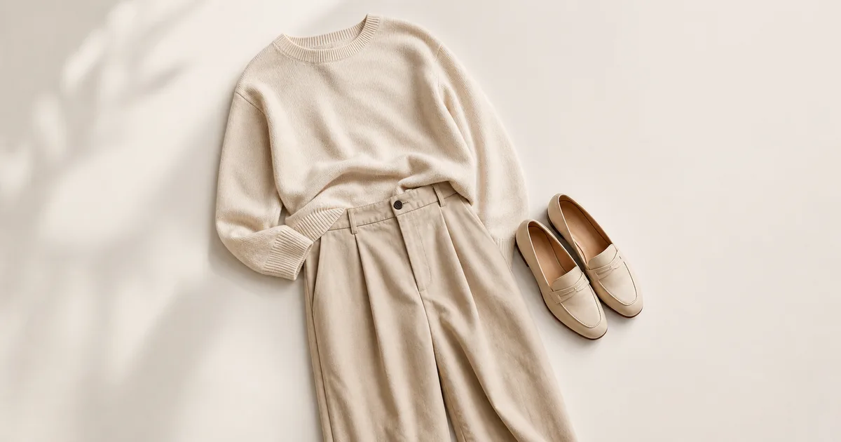 Hero garment beside a phone showing a matching outfit for stop impulse clothes shopping on a warm ivory background