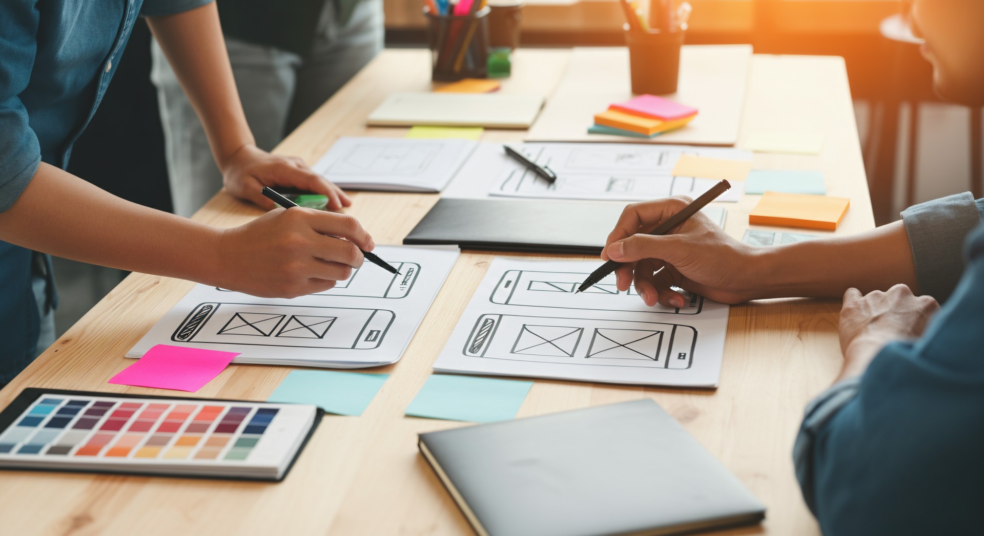 Team collaborating on wireframe UI designs.