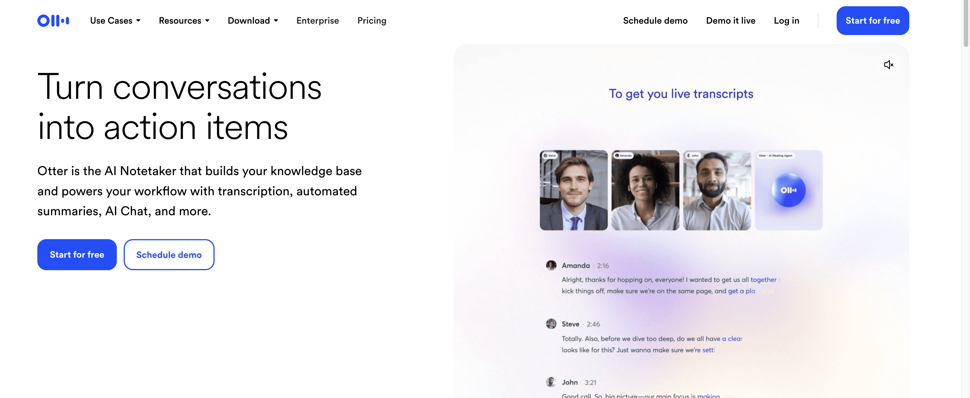 Otta.ai Meeting Transcription Homepage screenshot