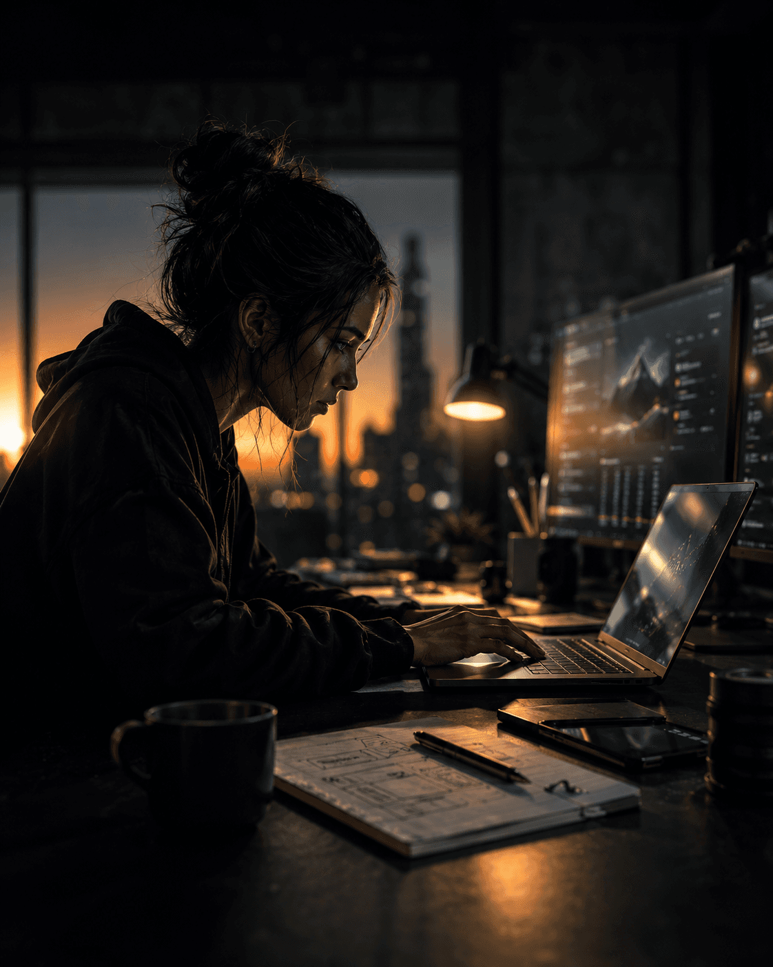 A focused individual works intently on a laptop in a dimly lit room, surrounded by multiple monitors displaying data, with a warm sunset visible through the window, illustrating a concentrated work environment ideal for manual QA by Optima Quality Solutions.