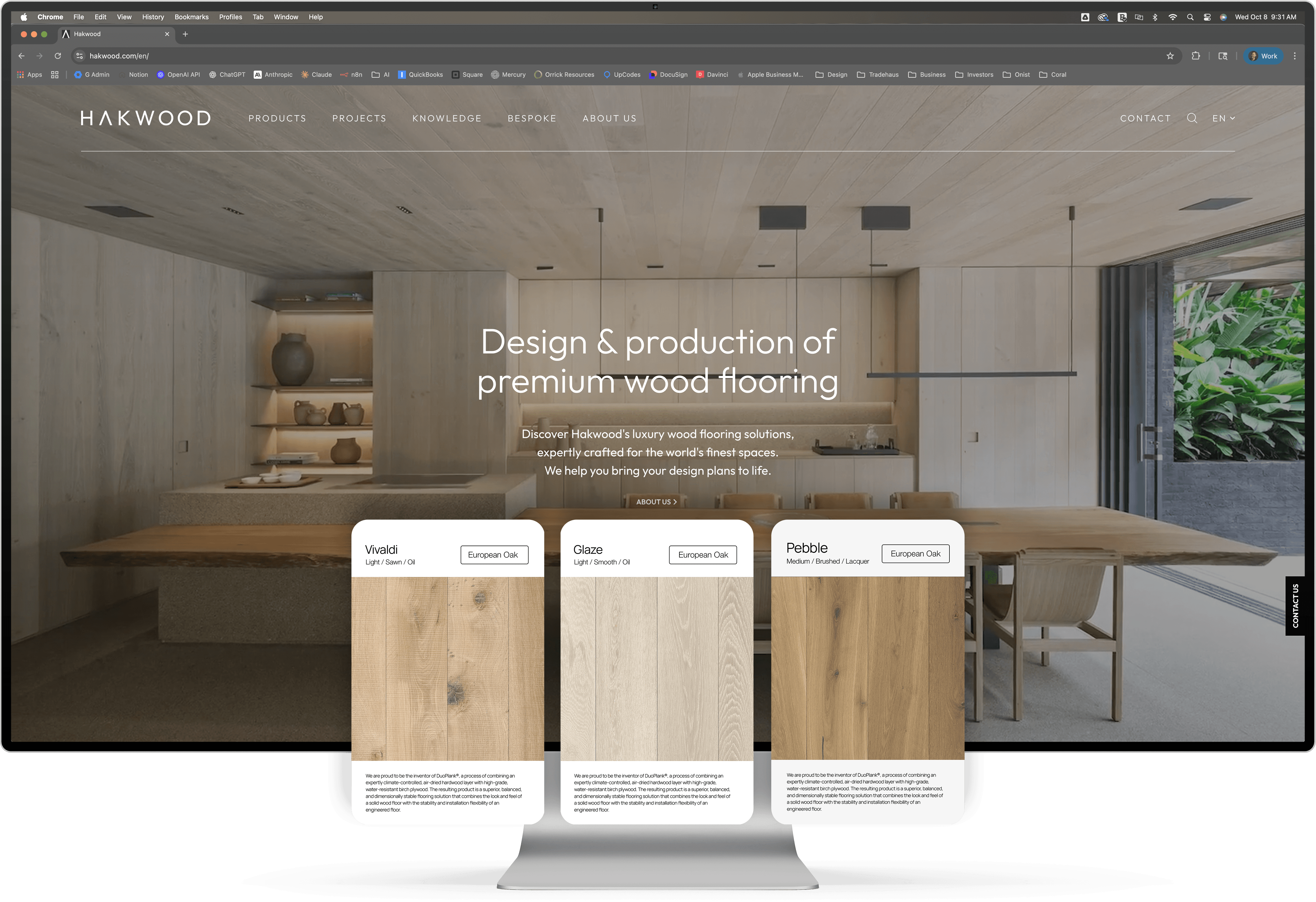 Tradehaus mobile website showing European oak flooring options—Vivaldi light oak, Glaze smooth light oak, and Pebble medium brushed oak—over a modern living room interior.
