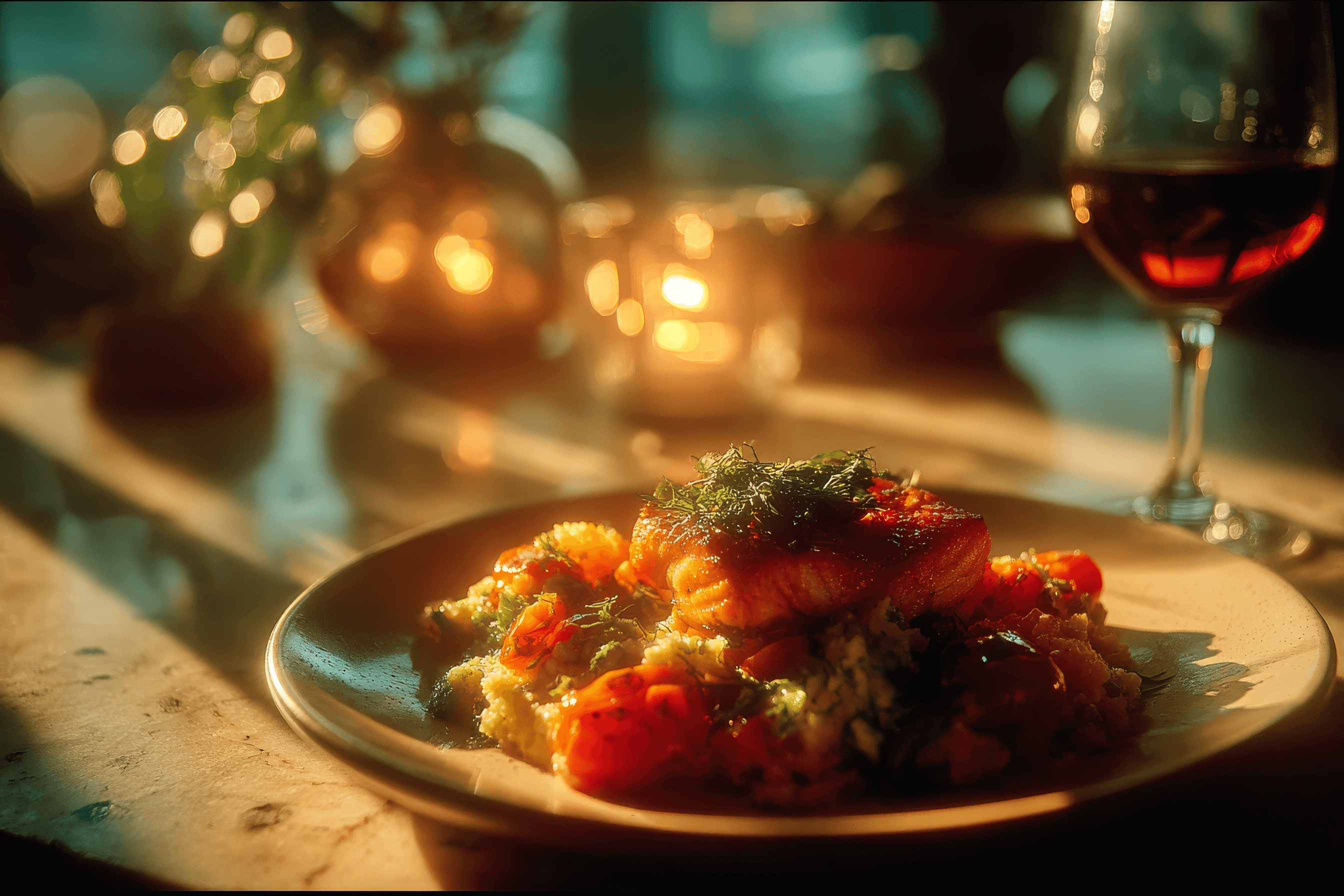 Elegant salmon dish served in soft candlelit ambiance, showcasing Dhoom’s approach to quiet luxury and refined Indian hospitality through atmosphere and presentation.