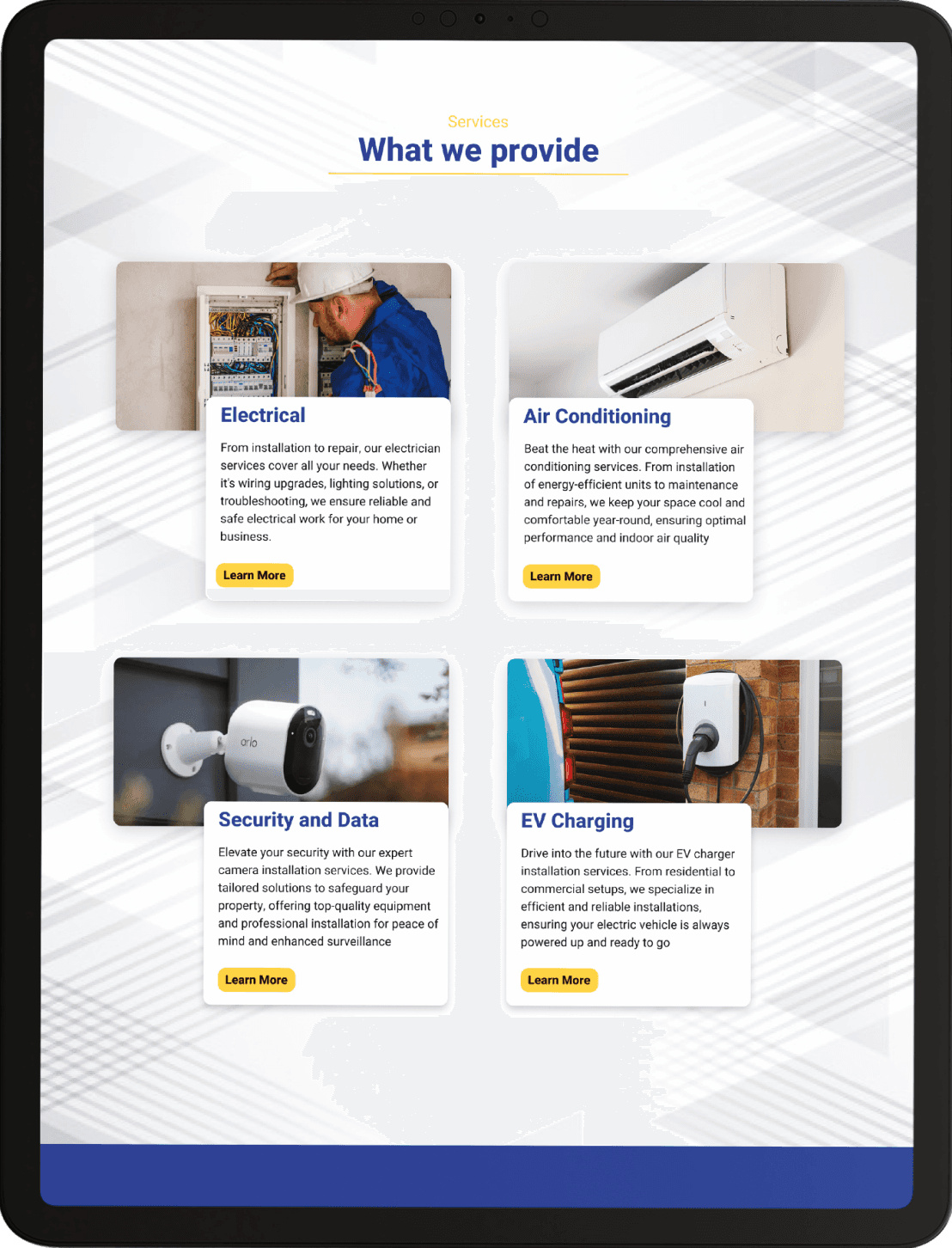 Screen capture of a website design for a Electrician