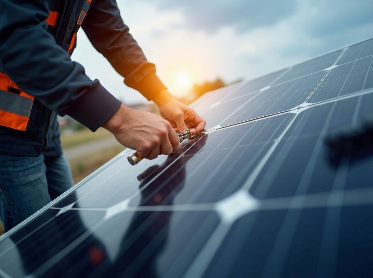 Image of a solar installer fixing a solar panel